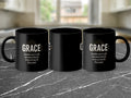 Three black mugs with "GRACE: undeserved, unmerited, unearned, favour" text.
