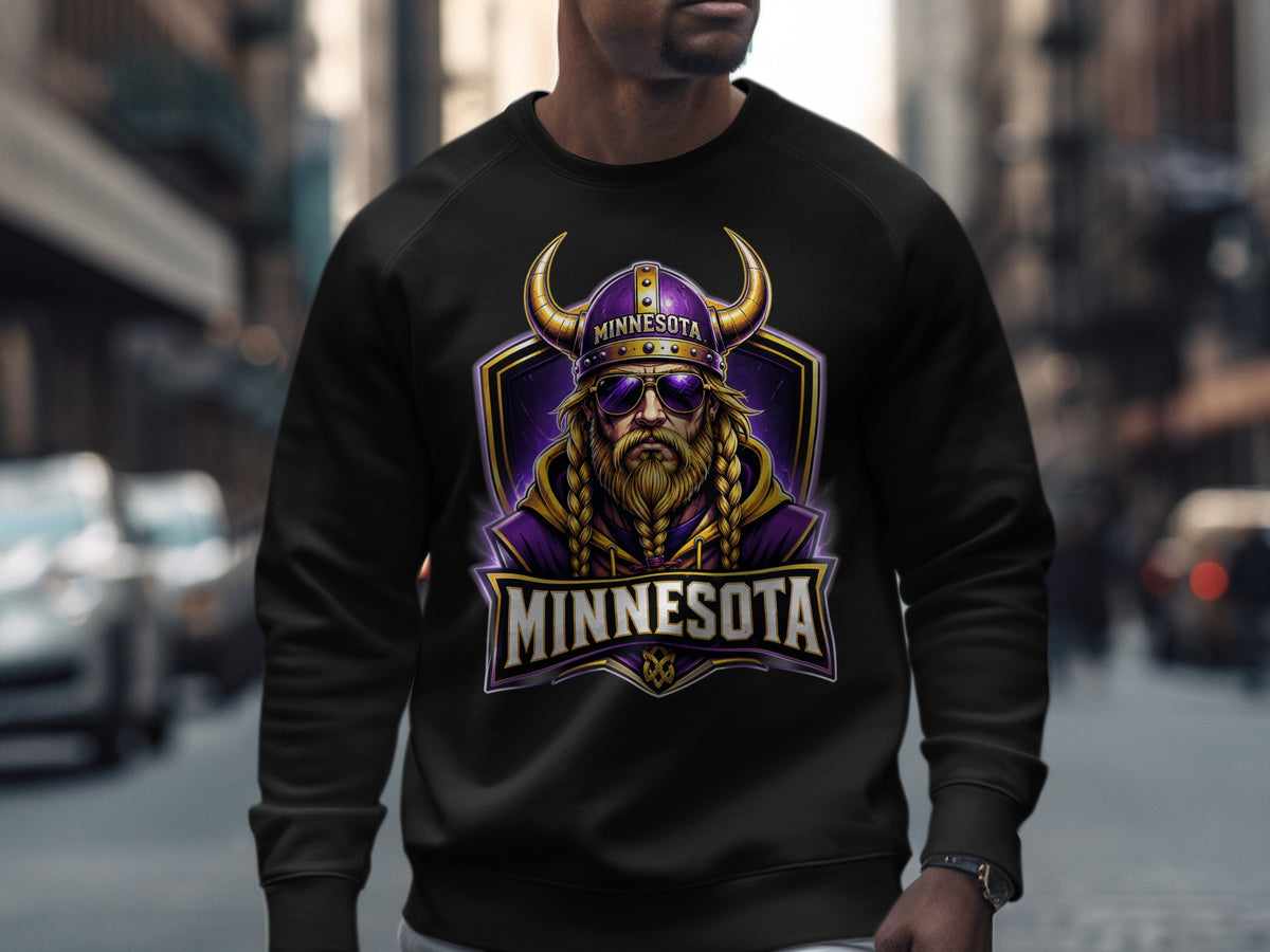 Black sweatshirt with Minnesota Vikings-themed viking logo on front.