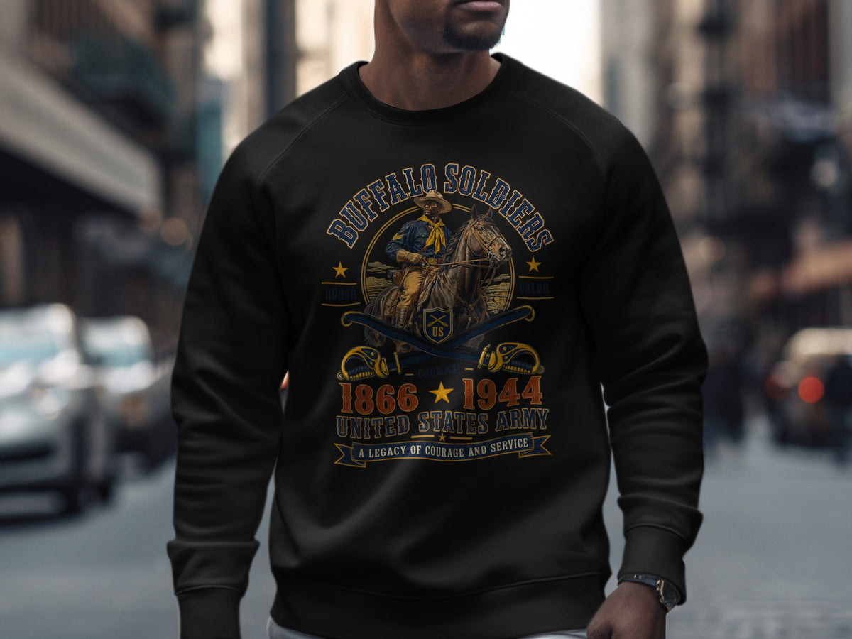 Black sweatshirt with Buffalo Soldiers graphic, rider on horseback, 1866-1944.