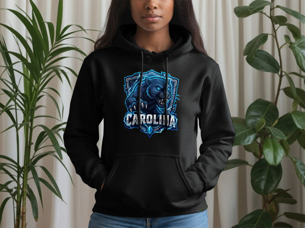 Black hoodie with a blue panther logo and "Carolina" text.