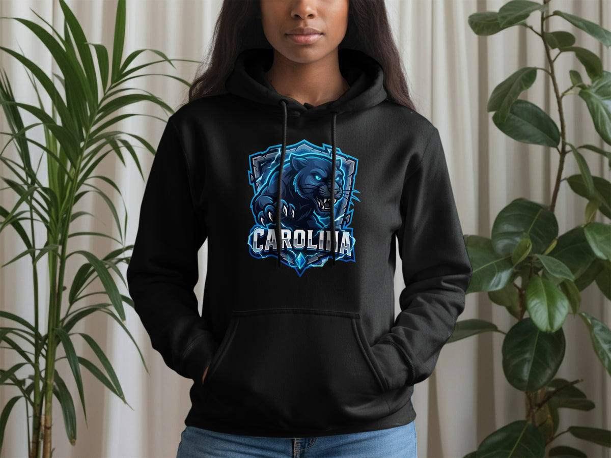 Black hoodie with a blue panther logo and "Carolina" text.