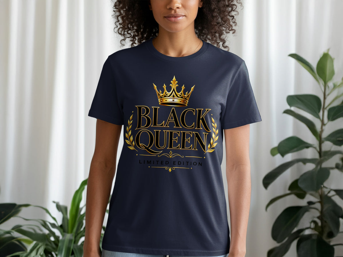 Dark navy t-shirt with gold text "BLACK QUEEN LIMITED EDITION" and a crown.