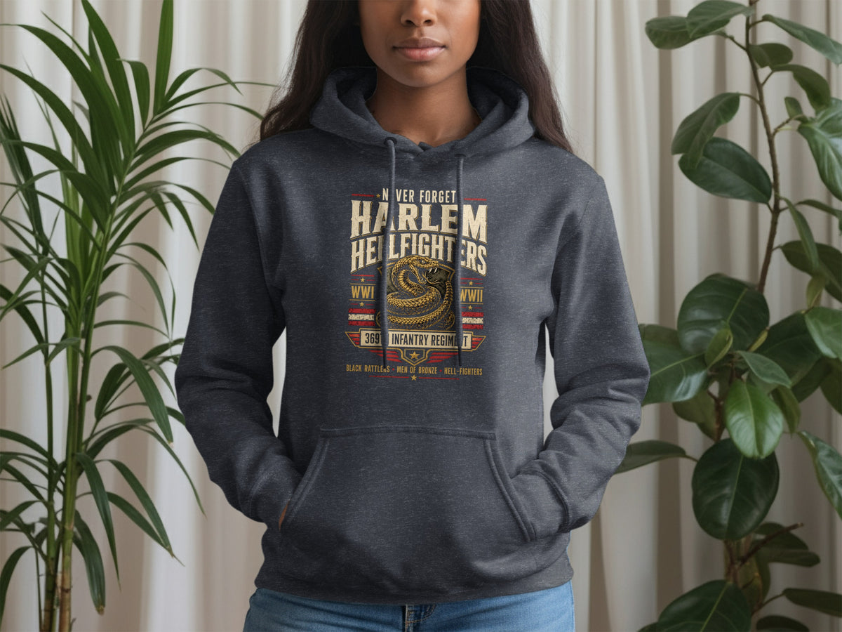 Dark grey hoodie with "Harlem Hellfighters" graphic and snake emblem.