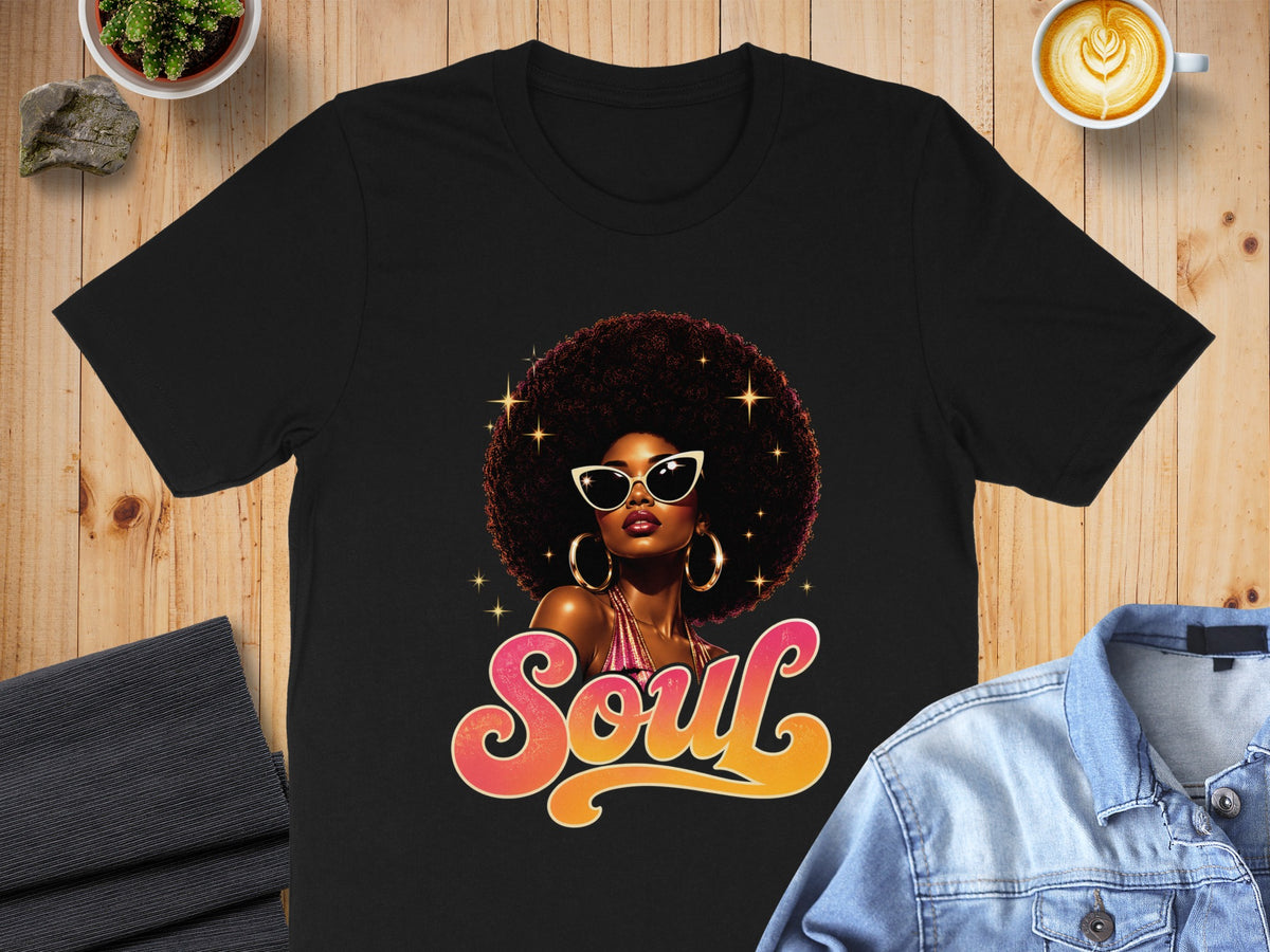 Black t-shirt featuring a retro graphic of a woman and the word "Soul."