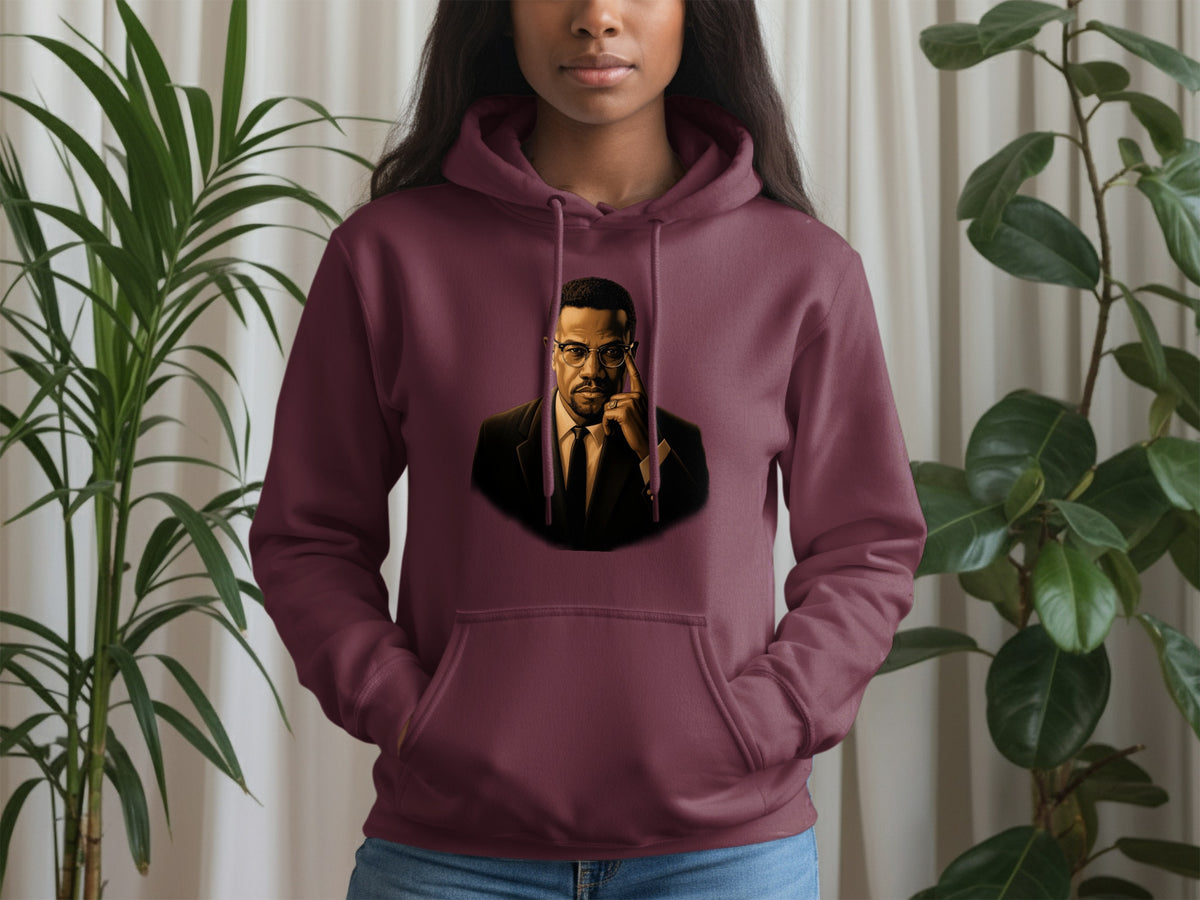 Maroon hoodie with a portrait of Malcolm X on the front.