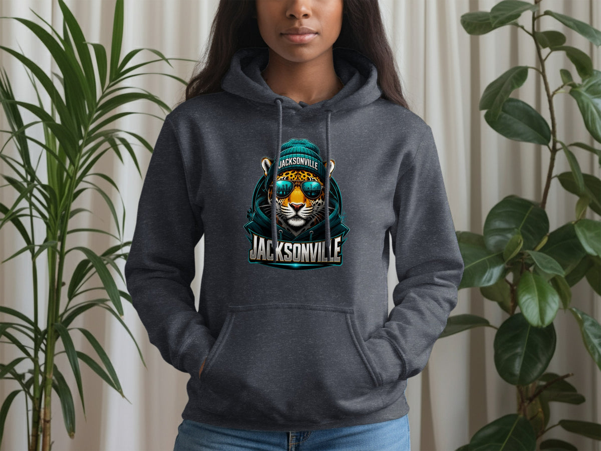 Dark grey hoodie with a jaguar graphic wearing sunglasses and a beanie, text "JACKSONVILLE".