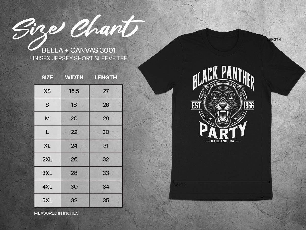 Size chart for Bella + Canvas 3001 unisex tee, showing width and length measurements.
