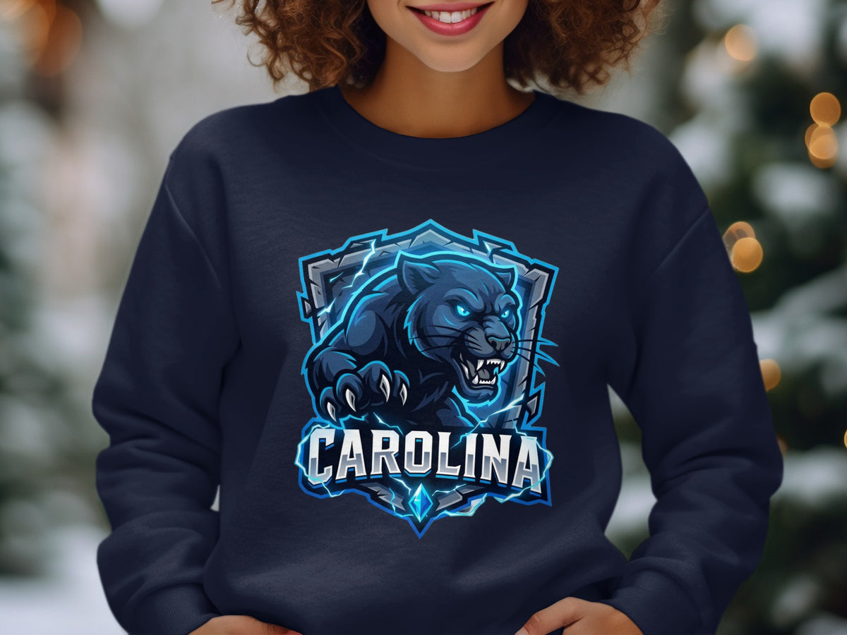 Dark blue sweatshirt with a blue and silver panther logo and "Carolina" text.