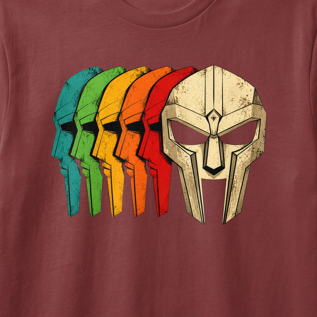 Six masked faces in a gradient of teal, green, yellow, orange, red, and gold.