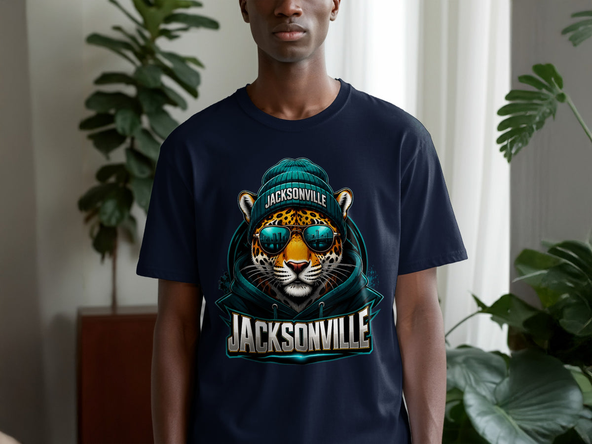 Navy t-shirt with a leopard wearing a beanie and sunglasses, featuring "JACKSONVILLE" text.