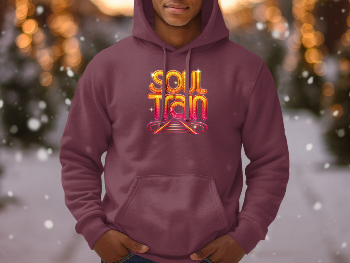 Maroon hoodie with "Soul Train" text and train tracks graphic.