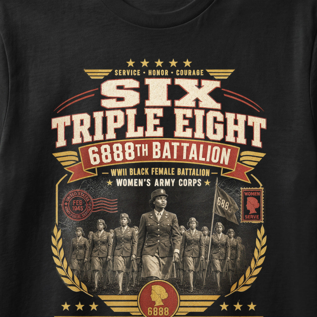 Six Triple Eight 6888th Battalion WWII Black Female Battalion Women's Army Corps graphic.