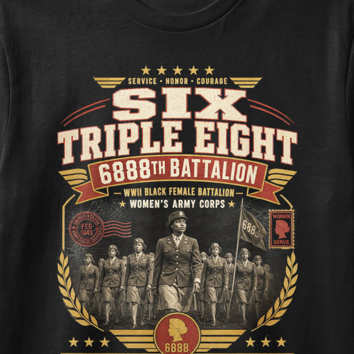 Six Triple Eight 6888th Battalion WWII Black Female Battalion Women's Army Corps graphic.