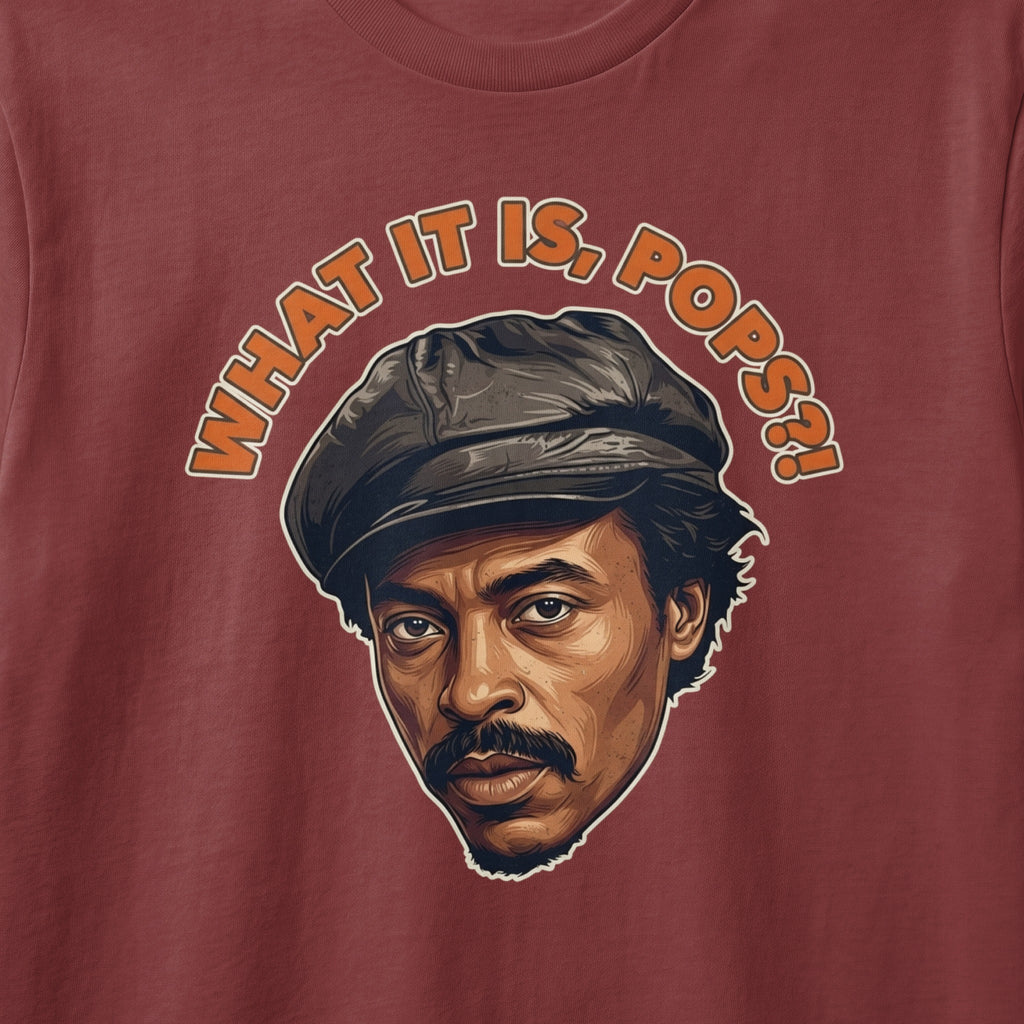 Illustration of a man wearing a cap with text "WHAT IT IS, POPS?!"