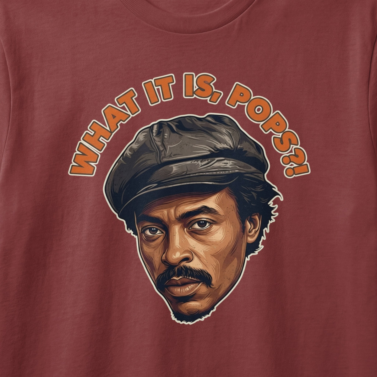 Illustration of a man wearing a cap with text "WHAT IT IS, POPS?!"
