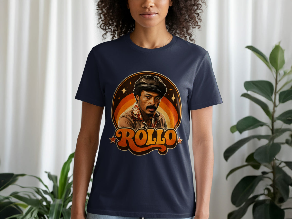 Dark navy t-shirt with a retro graphic of a man and the word "ROLLO".