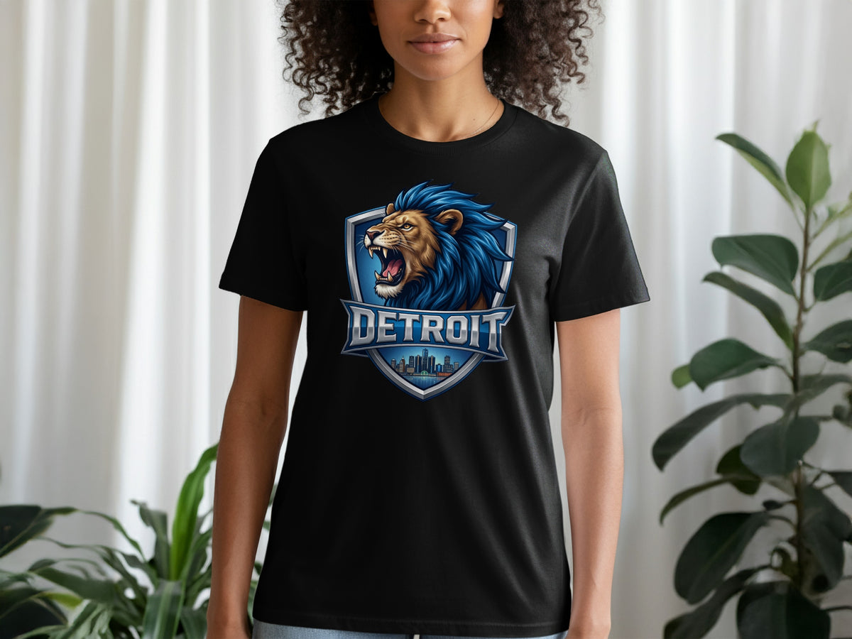 Black t-shirt featuring a Detroit-themed crest with a roaring lion and city skyline.