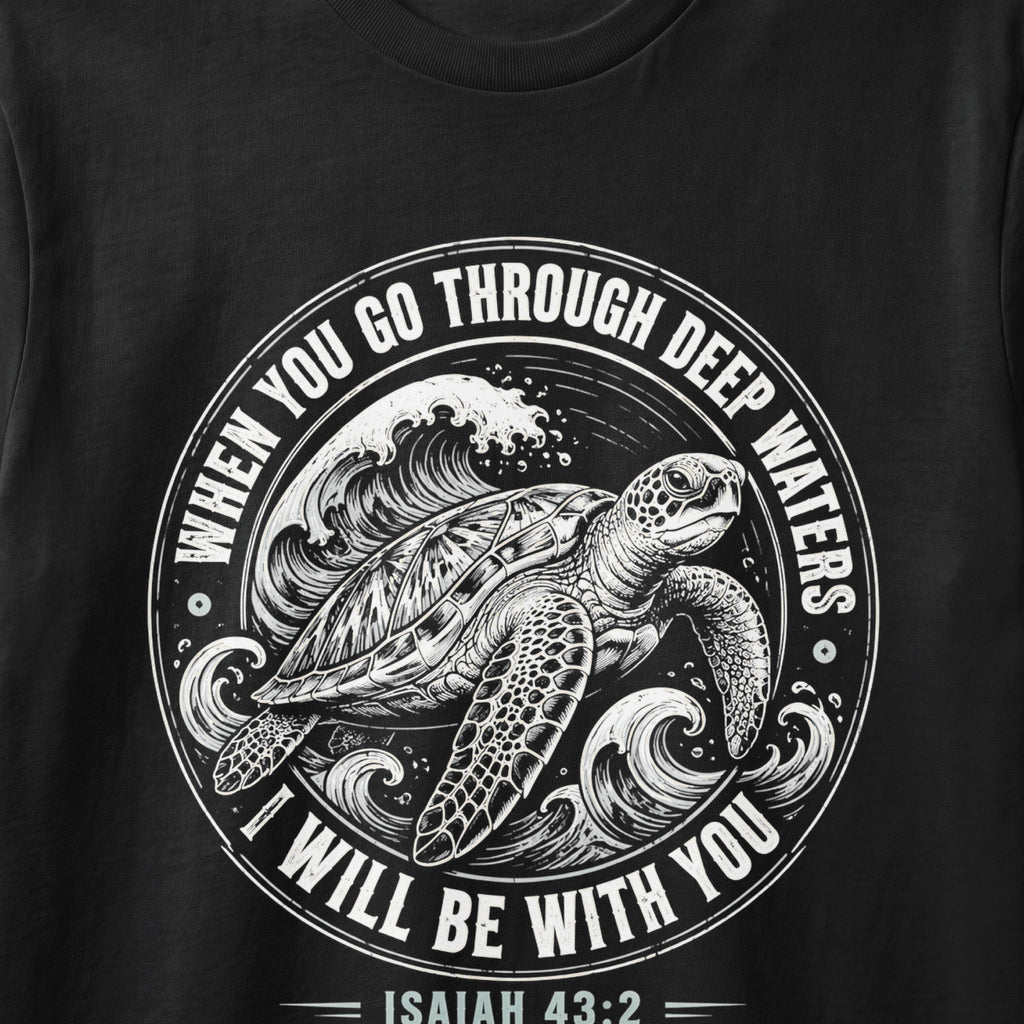 Turtle with waves and text "When you go through deep waters I will be with you Isaiah 43:2".