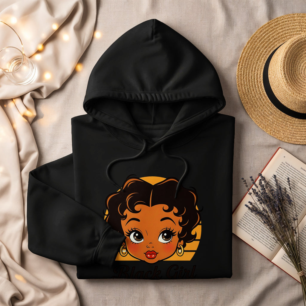 Black hoodie with "Black Girl" text and cartoon graphic of a girl.