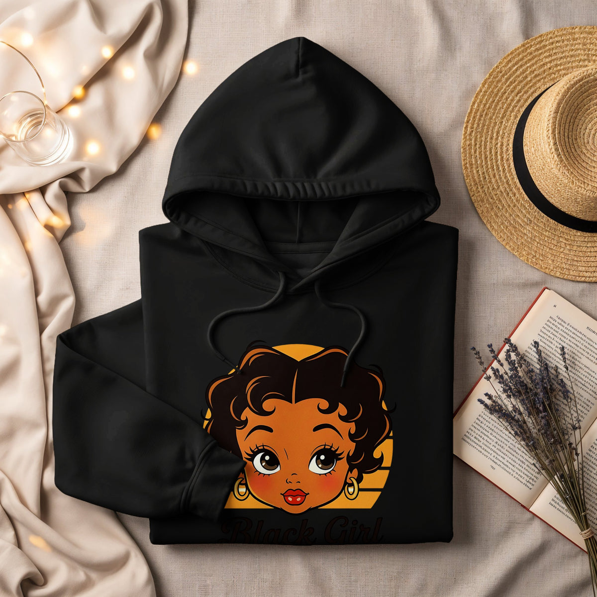 Black hoodie with "Black Girl" text and cartoon graphic of a girl.