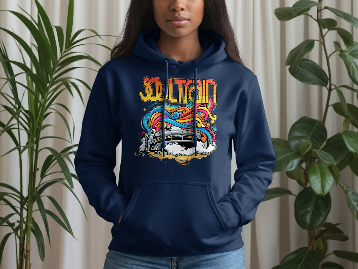 Navy hoodie with "Soultrain" text and a retro train graphic.