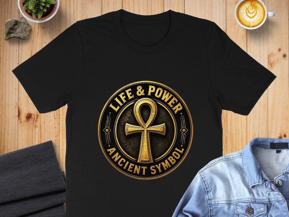 Black t-shirt with gold "Life & Power Ancient Symbol" ankh graphic.
