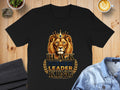 Black t-shirt with a crowned lion and text "Black Father Leader King".