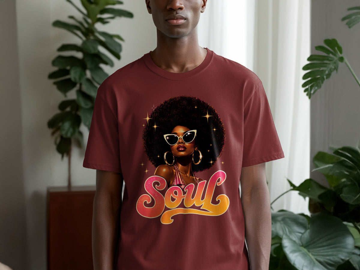 Maroon t-shirt with graphic of woman with afro, sunglasses, and the word "Soul".