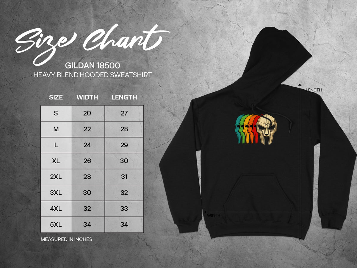 Gildan 18500 hooded sweatshirt size chart with width and length measurements in inches.