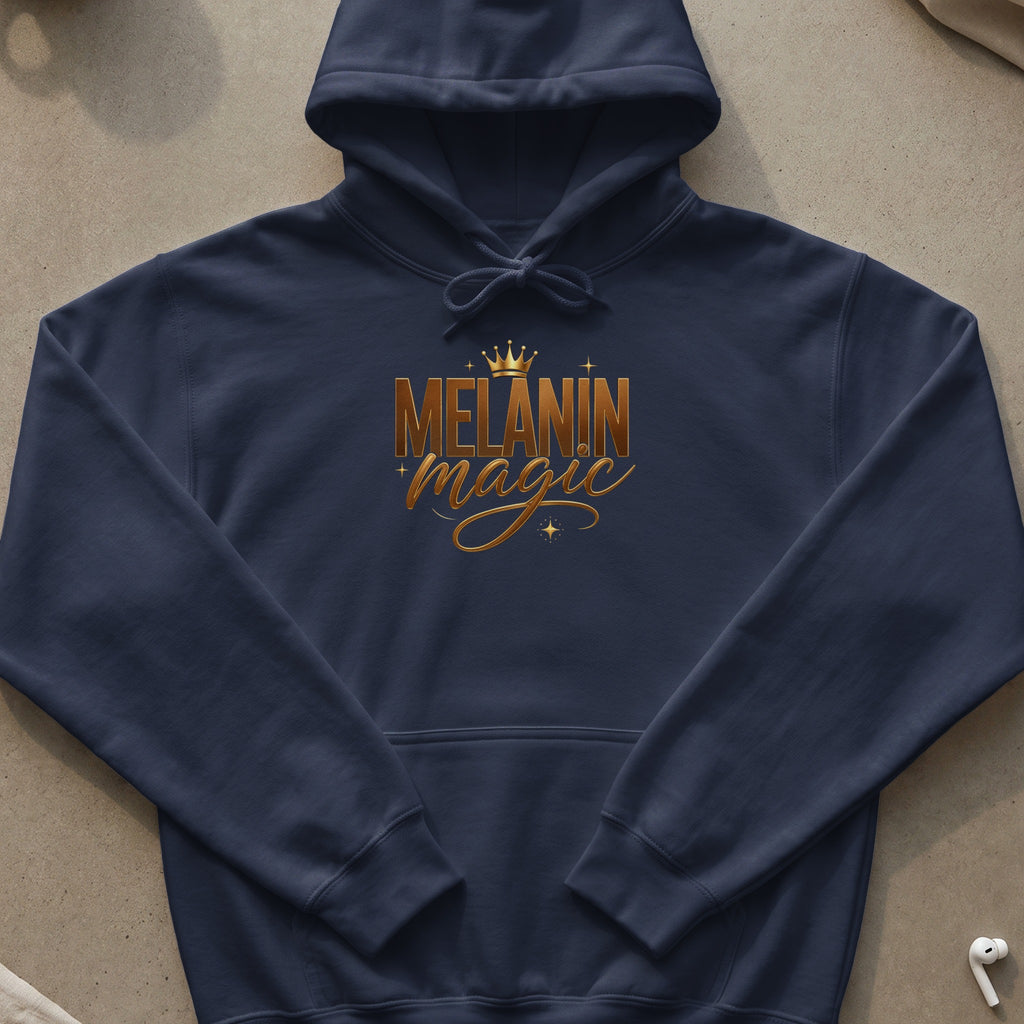 Navy blue hoodie with gold "Melanin Magic" text and crown graphic.