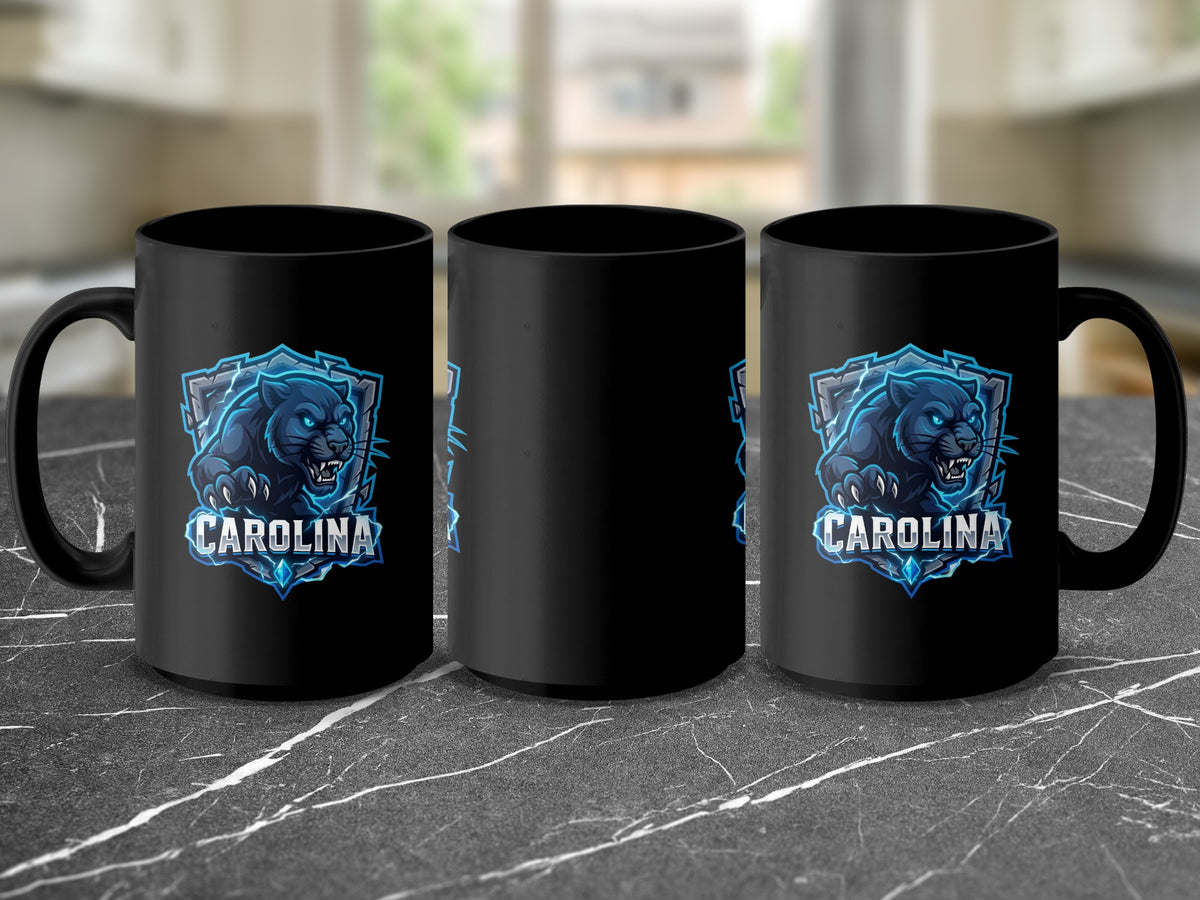 Three black mugs displaying a blue panther logo with the text "CAROLINA" on a marble surface.