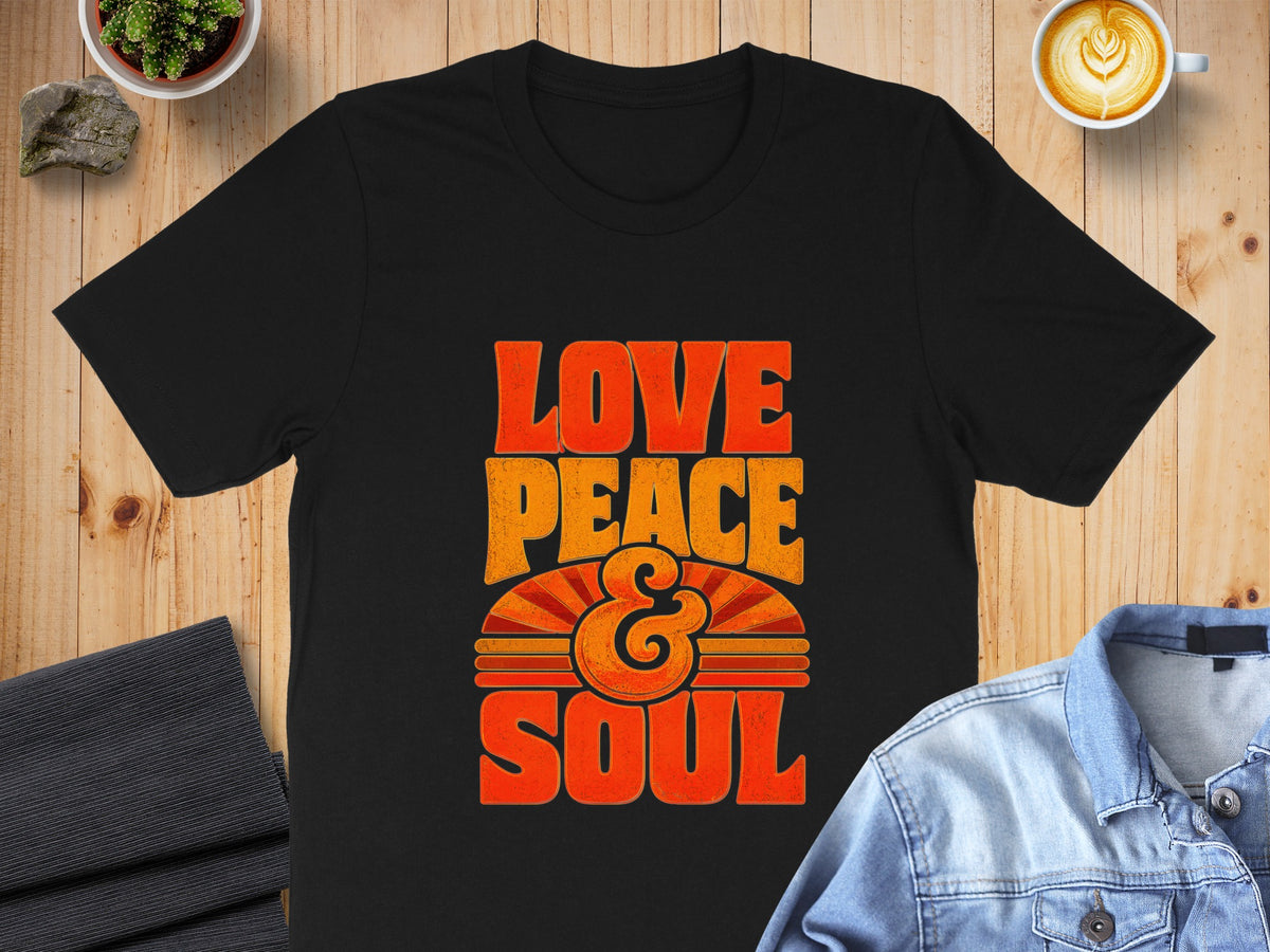 Black t-shirt with "LOVE PEACE & SOUL" text in retro orange and yellow font.