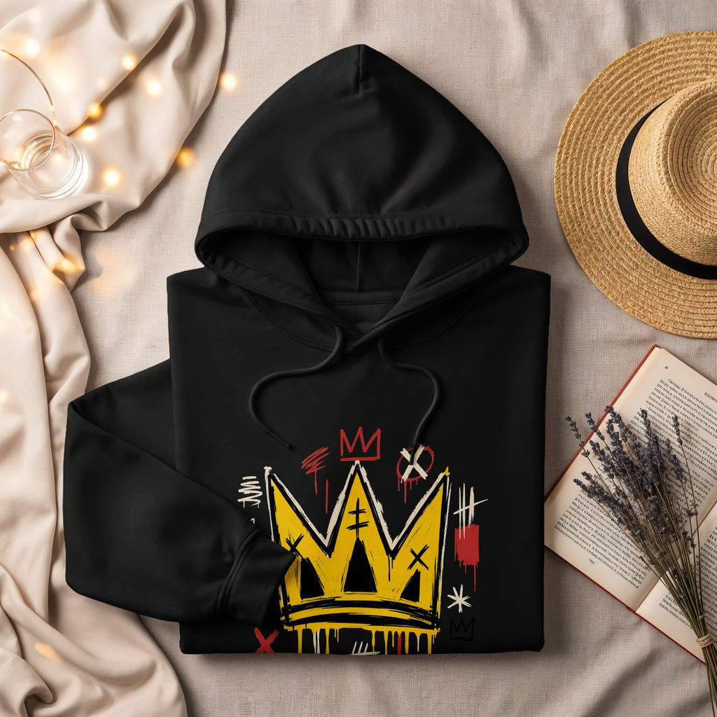 Black hoodie with a yellow crown graphic and red and white abstract marks.