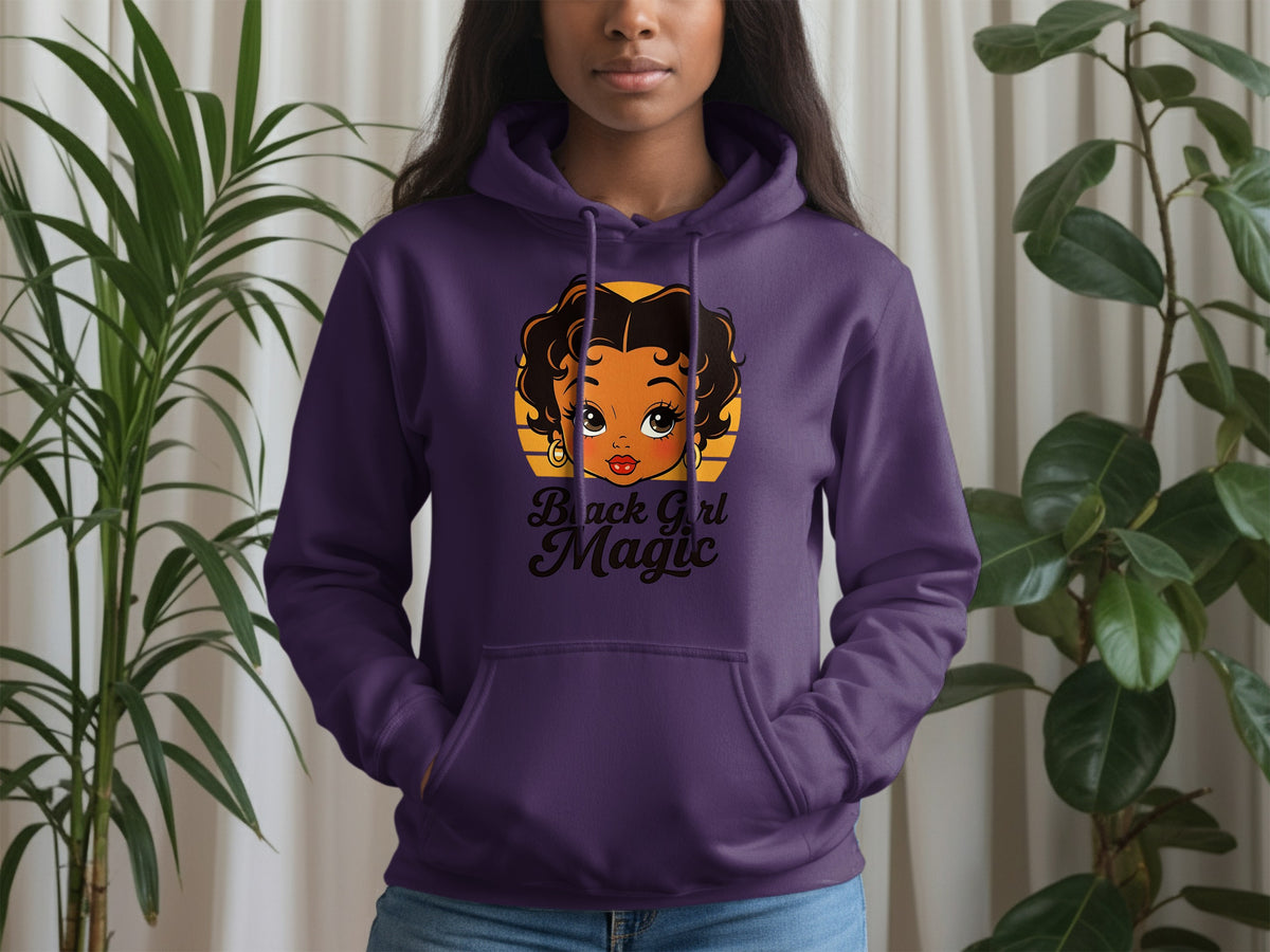 Purple hoodie with cartoon Black Girl Magic design on front.