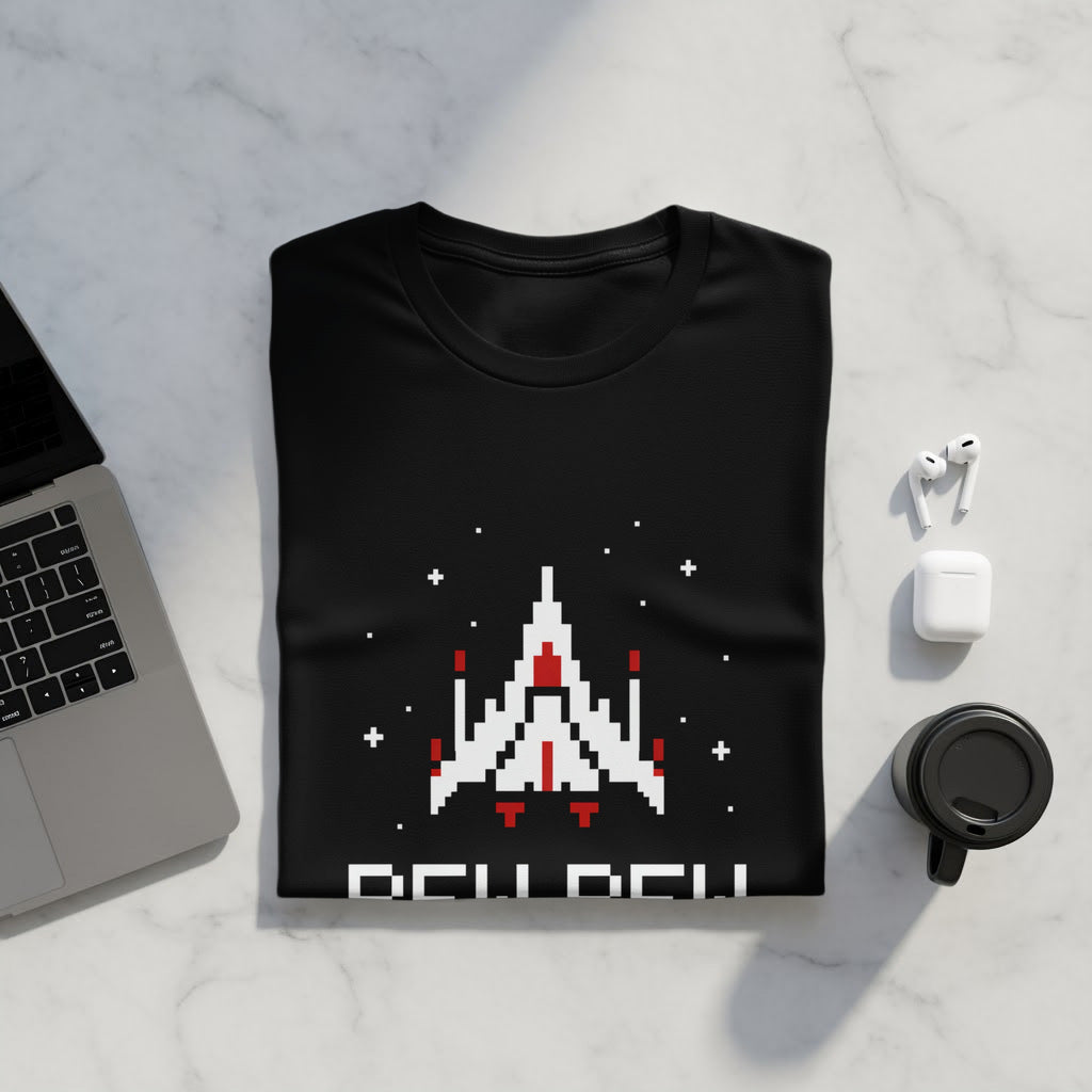 Black t-shirt with pixel art spaceship and text, alongside a laptop, earbuds, and coffee cup.