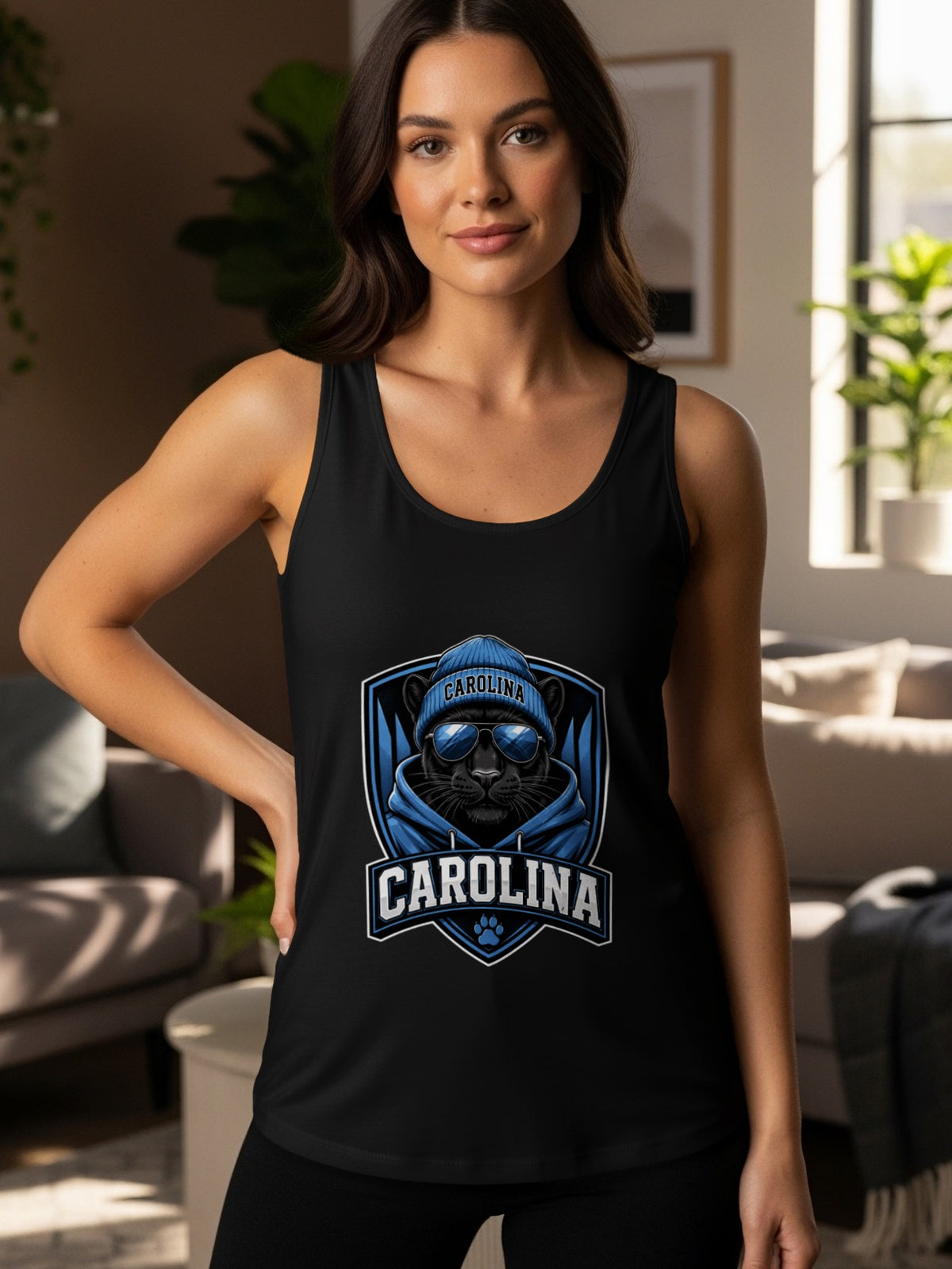Black tank top with a Carolina panther wearing a beanie and sunglasses graphic.