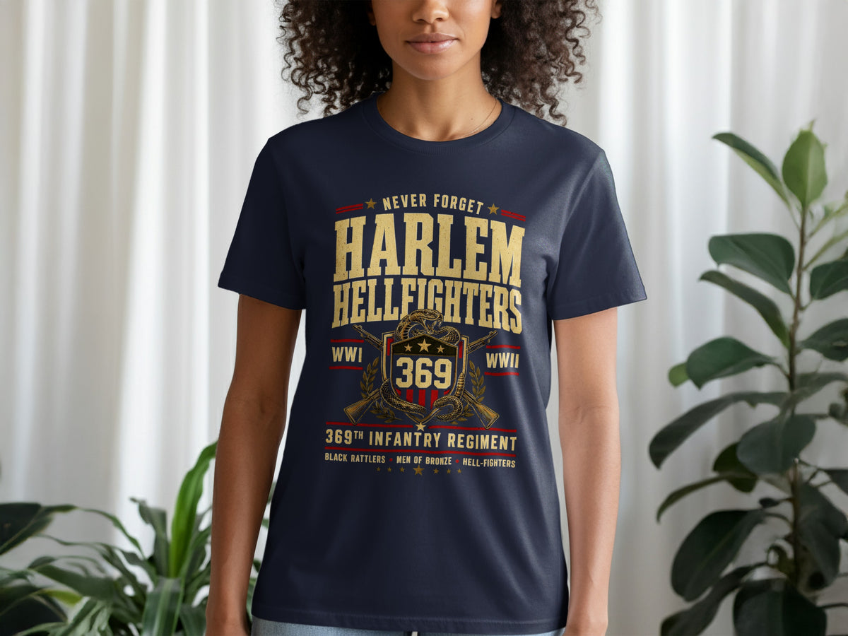 Navy t-shirt with Harlem Hellfighters graphic, WWI, WWII, 369th Infantry Regiment.