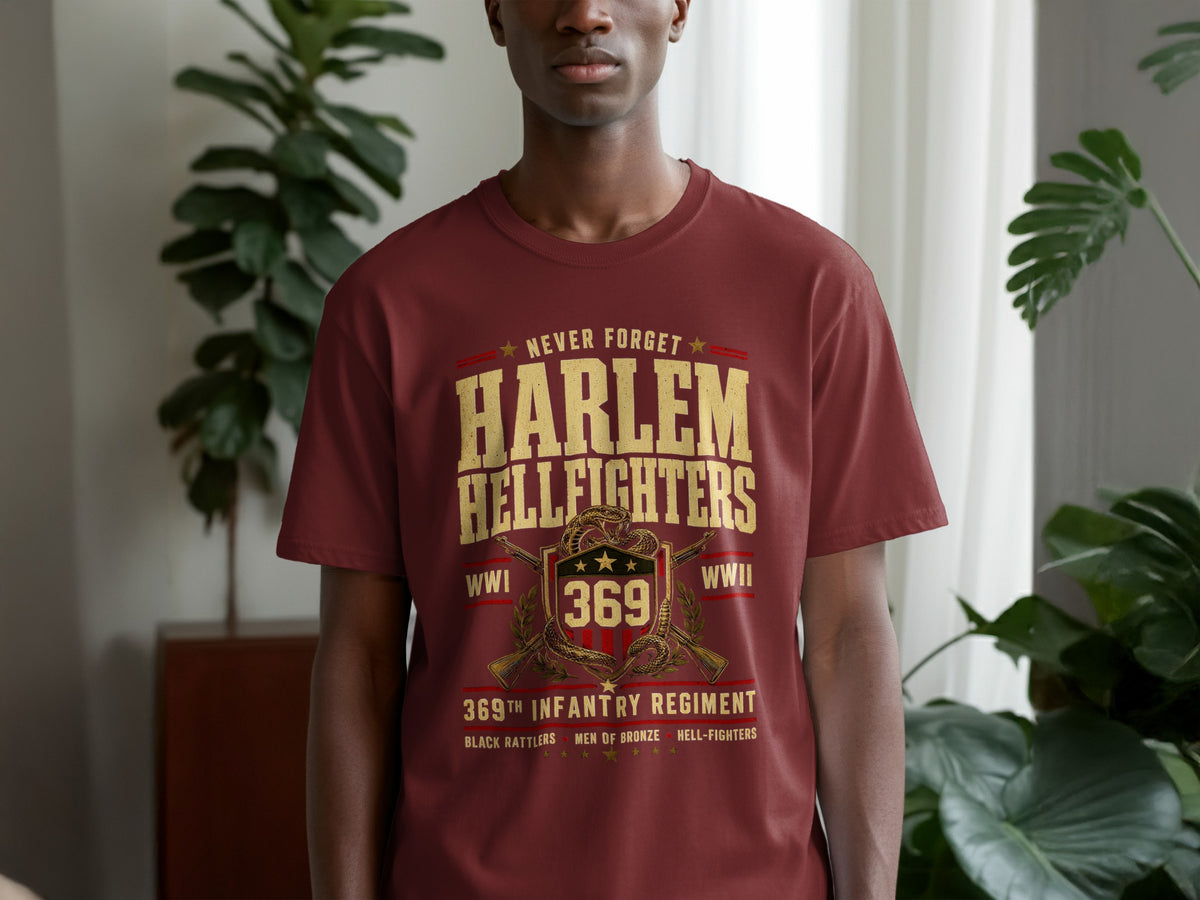 Maroon t-shirt with "Harlem Hellfighters 369th Infantry Regiment" text and emblems.