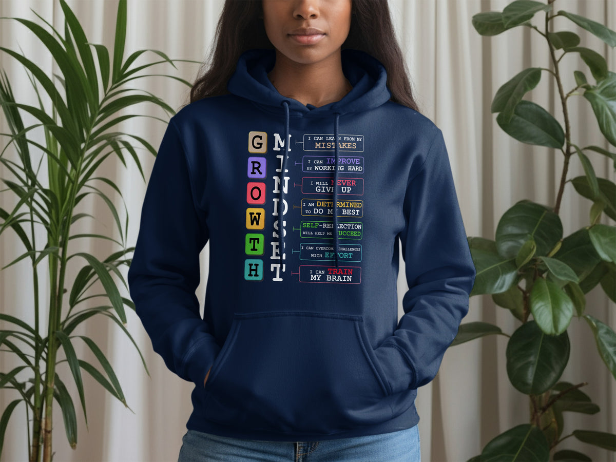 Navy hoodie with text about growth, learning, determination, and success.