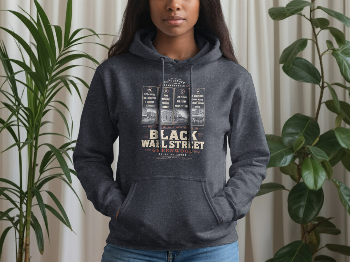 Grey hoodie with "Black Wall Street Greenwood Tulsa, Oklahoma" text and historical details.