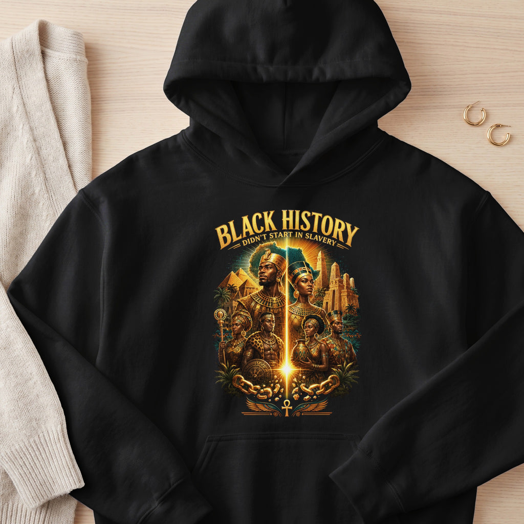 Black History graphic on a black hoodie with ancient Egyptian-inspired figures.