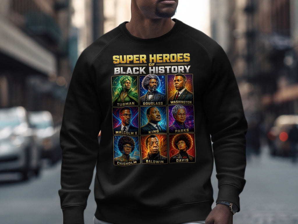 Black sweatshirt with "Super Heroes of Black History" text and portraits of Tubman, Douglass, Washington, Malcolm X, King, Parks, Chisholm, Baldwin, and Davis.