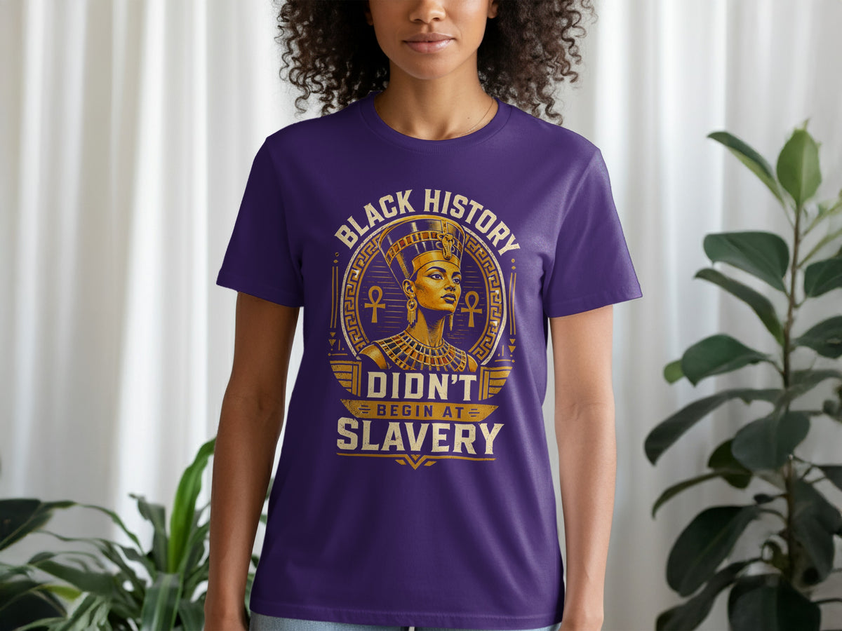 Purple t-shirt with text "Black History Didn't Begin At Slavery" and ancient Egyptian graphic.