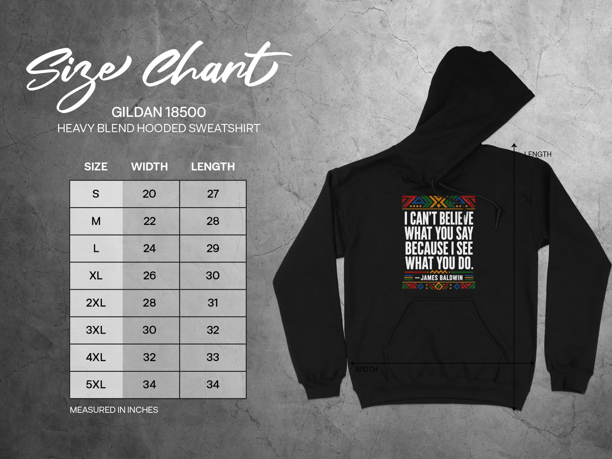 Gildan 18500 Heavy Blend hooded sweatshirt size chart with measurements in inches.