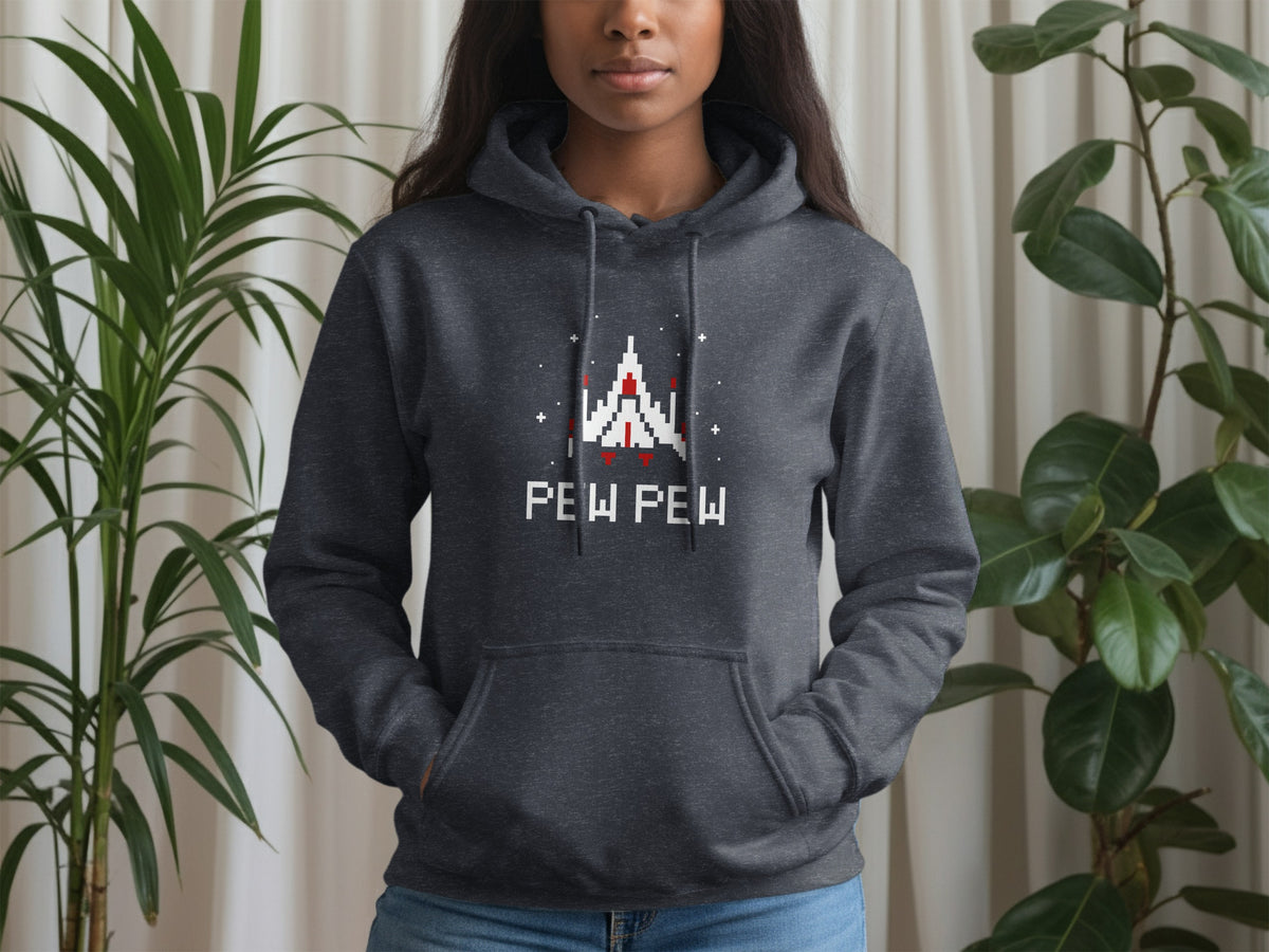 Dark gray hoodie with a pixelated spaceship and "PEW PEW" text graphic.