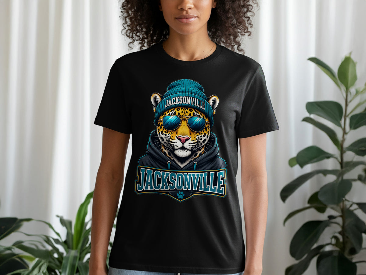 Black t-shirt with a jaguar wearing sunglasses and a beanie, text reads Jacksonville.