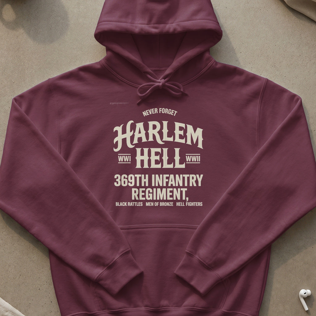 Maroon hoodie with "Harlem Hellfighters 369th Infantry Regiment" text.