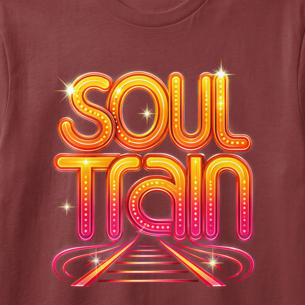 Soul Train text in glowing marquee lights with a train track design.