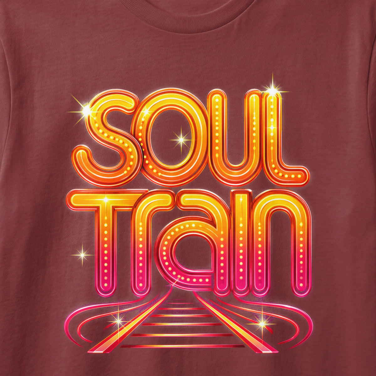 Soul Train text in glowing marquee lights with a train track design.
