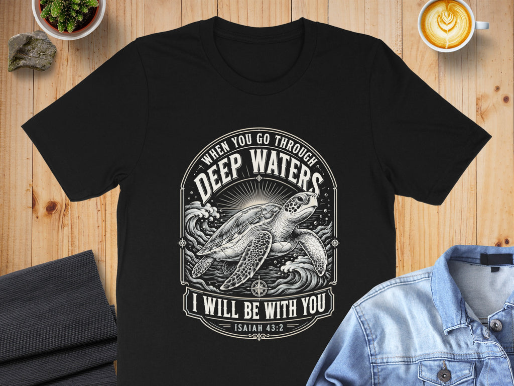 Black t-shirt with sea turtle graphic and text "When you go through deep waters, I will be with you. Isaiah 43:2".